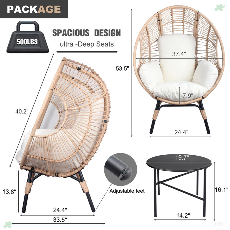 Chaise de patio en osier PE modèle 2 avec rotin et table d'appoint, Naturel, Blanc