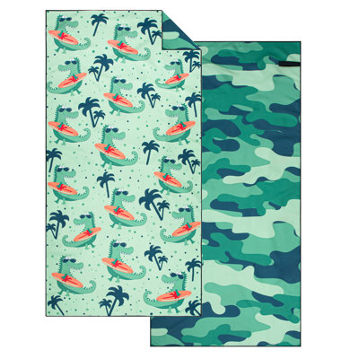 Reversible Microfiber Brettlee Quick Dry Sand Free - 28x58 in - Surfing Crocodile to Camo Print - Lightweight Absorbent Pool & Travel Towel for Kids & Adults