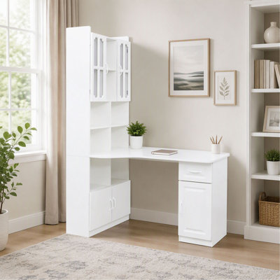 Bureau d'ordinateur de coin en L, blanc, avec tiroirs, bibliothèque et huche, grand espace de travail
