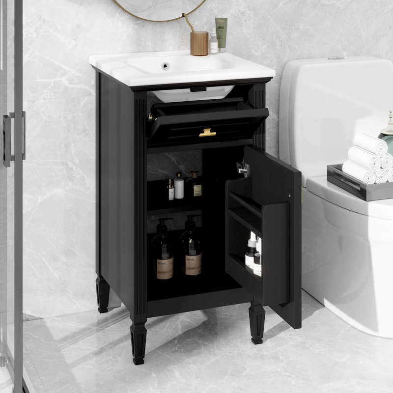 Meuble-lavabo de 20 po avec lavabo, tiroir inclinable, tablette réglable et support de rangement, Noir