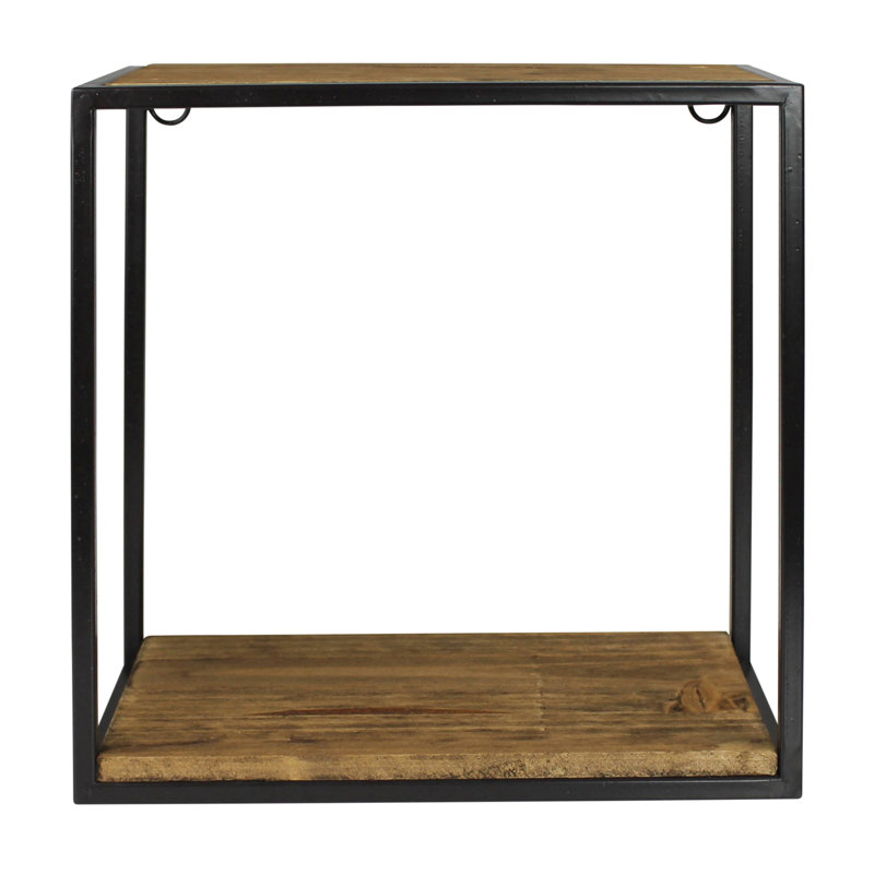Small Square Black Metal and Wood Wall Shelf