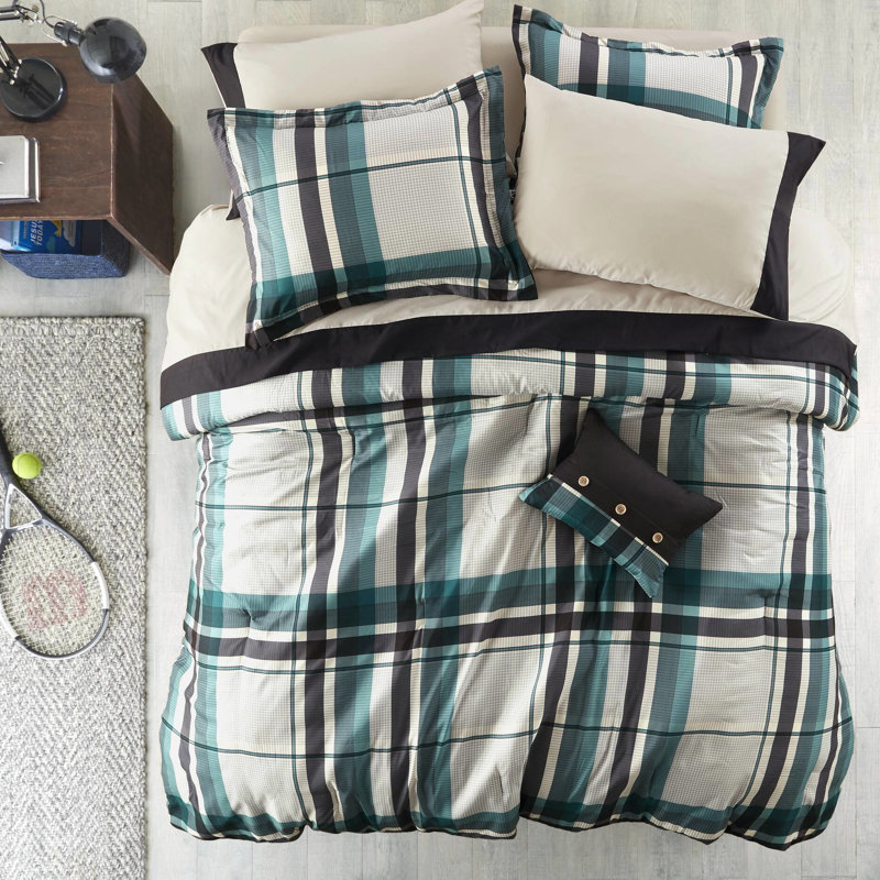 Twin Xl Plaid Comforter Bed Sheet - 7 Piece Teal/Black Microfiber Bedding, Filling, Contrasting On Pillowcase, Machine Washable, Safe Skin And Pcs Classic Design, Coordinating Solid Sheet, Proof