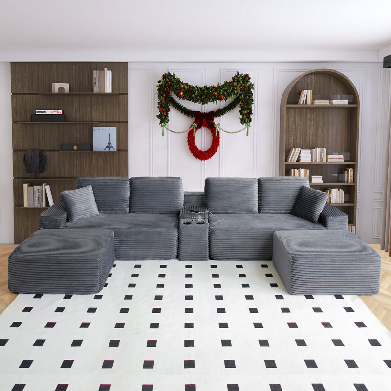 Boneless Chifley 150.50" W U-Shaped Modular Corduroy Sectional,Cup Holders,USB Charge,with 2 Ottoman,No Assembly Required Boneless Couch