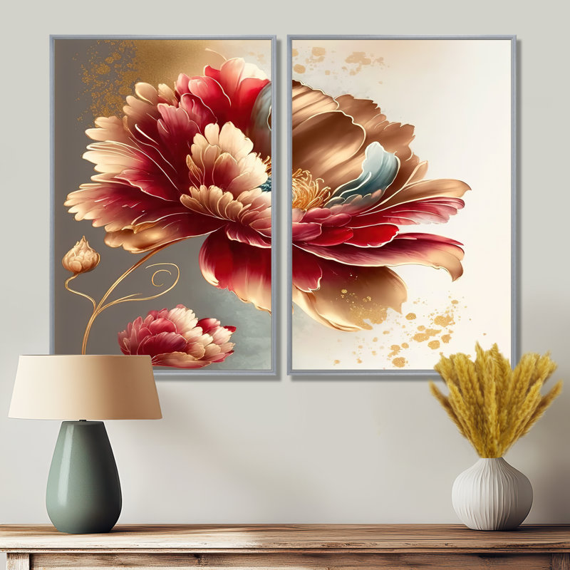 «Bold Red Floral Design I», art mural floral, H 36 po x l 48 po, Reproduction encadrée sans passe-partout, Argent argent