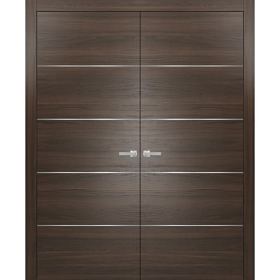 Portes intérieures doubles françaises avec quincaillerie Planum 0020 Panneau en frêne chocolat Cadre Garnitures Salle de bain Chambre Intérieure Porte robuste 60" x 96" (2* 30x96)