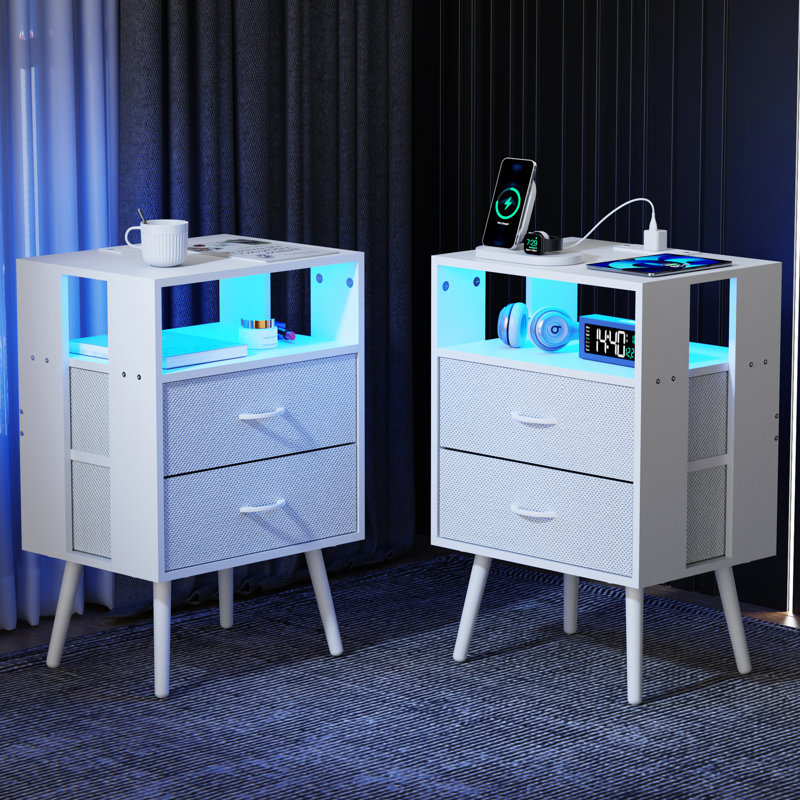 Ensemble de 2 tables de chevet blanches modernes avec station de charge et éclairage à DEL, tiroirs non tissés, panneau de particules revêtu pour utilisation avec tables télécommandées en couleur, installation facile de longue durée
