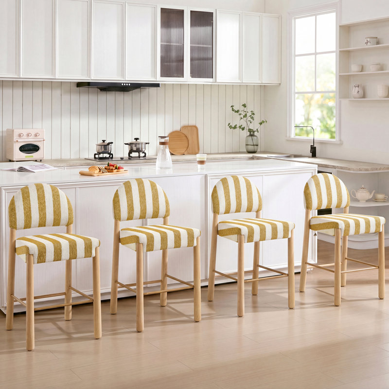 Tabouret de comptoir revêtu de lin 26,4 po avec cadre en bois massif Hyland (ensemble de 4), Jaune / Blanc, Naturel