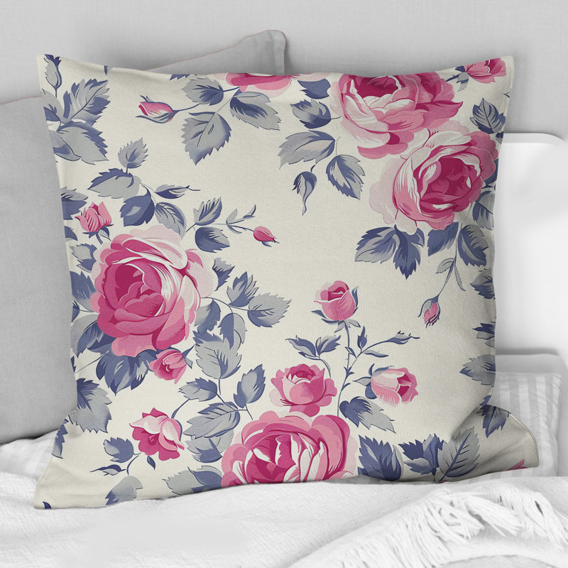 Rose, blanc, fleur traditionnelle, jardin I - coussin décoratif traditionnel, H 16 po x l 16 po