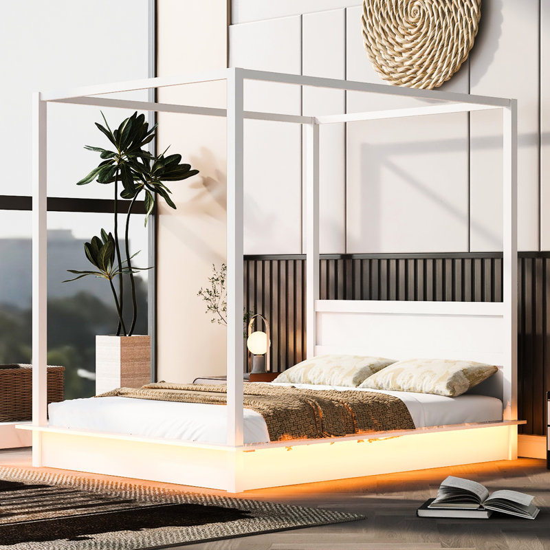 Grand lit à baldaquin blanc avec DEL, lit plateforme, pièce maîtresse de chambre à coucher intemporelle à DEL pour espace, look personnalisable