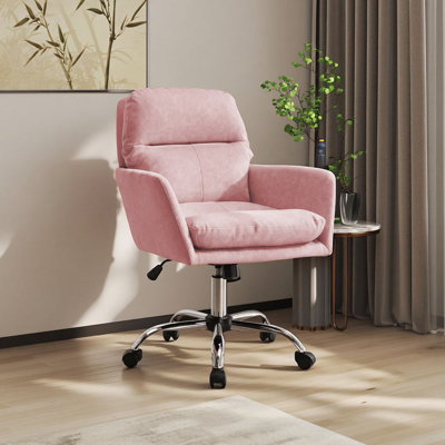 Modern Upholstered Bankers Chair - Blush Pink Plush Office Chair With Rolling Casters, Comfortable Desk Chair For Home Office & Study