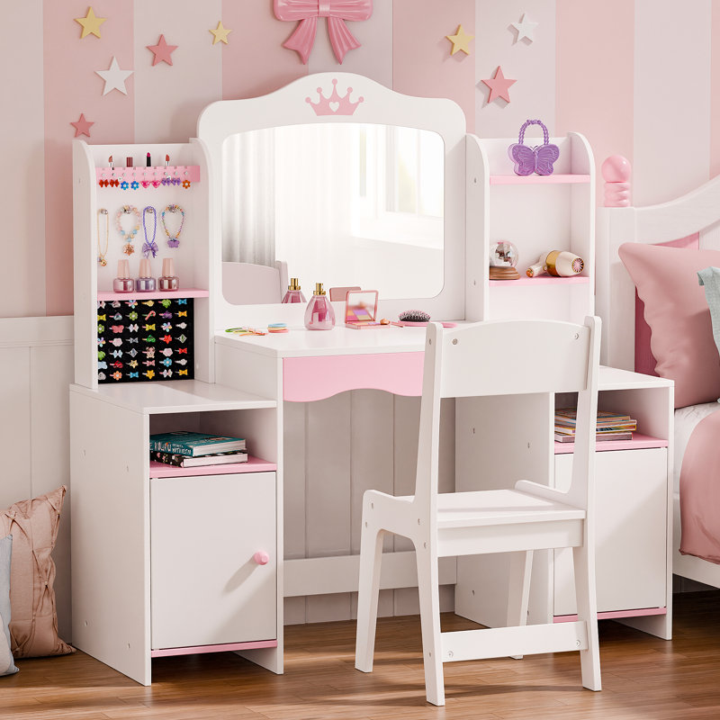 Kids Vanity Set With Stool And Mirror, White/Pink