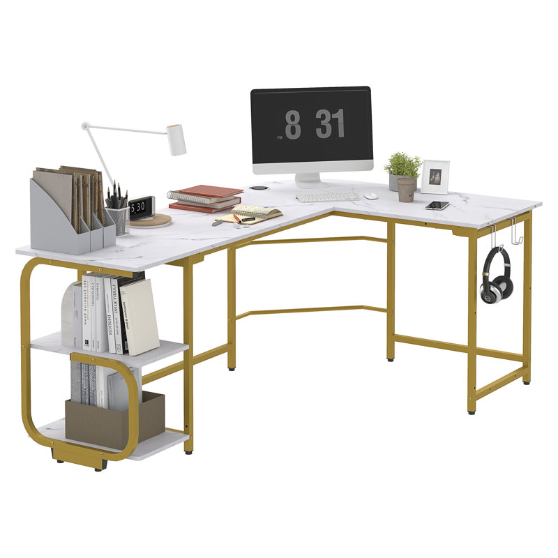 Violetrose L-Shaped Metal Base Computer Desk, White/Gold