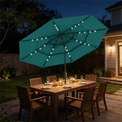 Parasol de terrasse bleu sarcelle à DEL solaires avec toile inclinable et manivelle