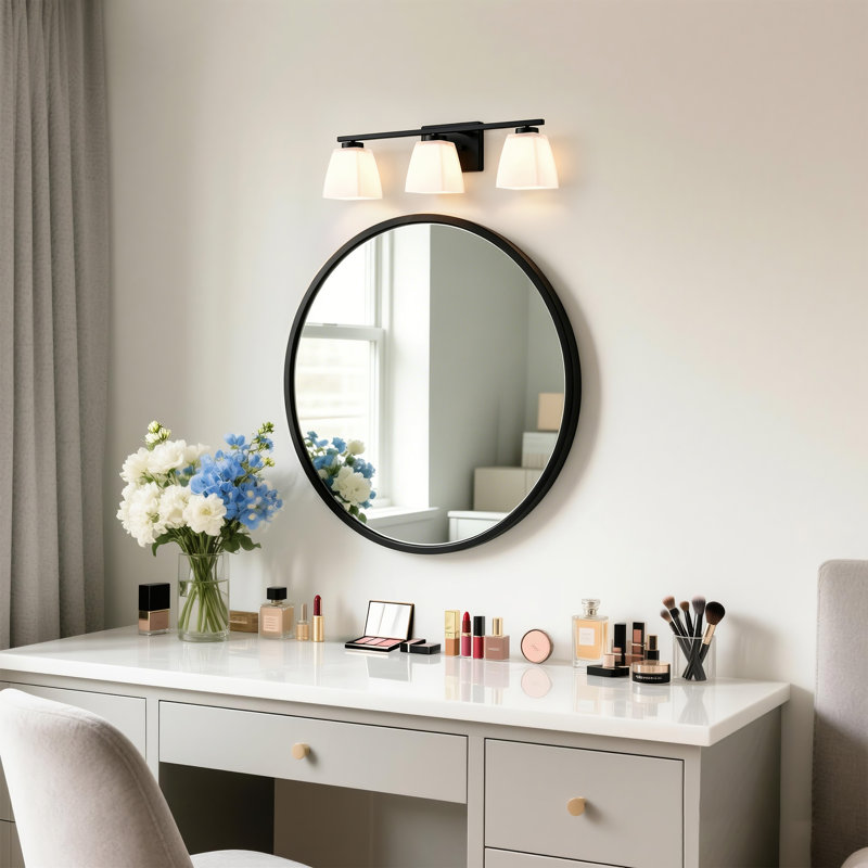 22 po Éclairage pour meuble-lavabo moderne 3 lumières avec abat-jour carrés en verre gravé blanc, Noir mat