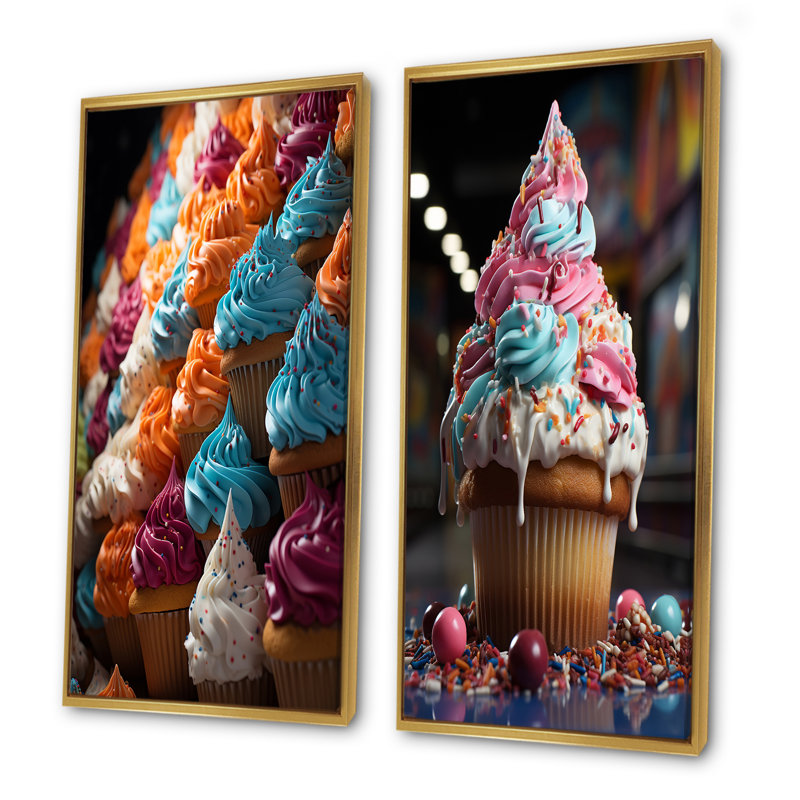 «Chuckling Cupcake Carnival», ensemble de 2 reproductions d'art abstrait Popart, Cadre flottant doré, H 28 po x l 25 po