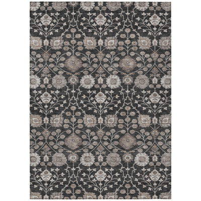 9' X 12' Black Brown And Beige Floral Washable Indoor Outdoor Area Rug