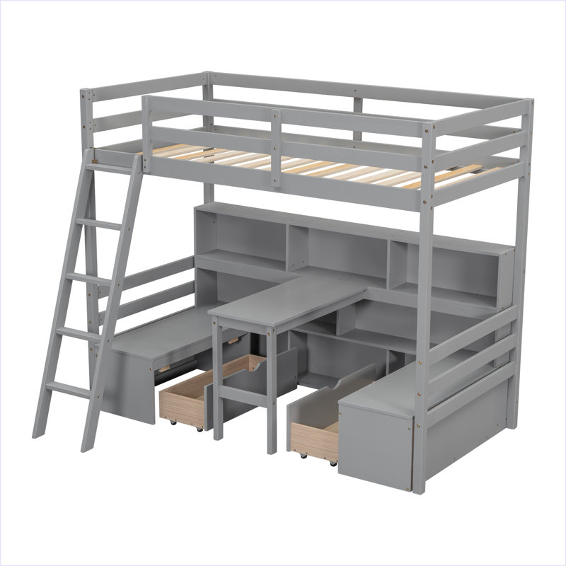 Lit mezzanine simple avec tablettes de rangement, tiroirs, siège et bureau, Gris