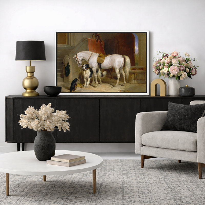 Illustration de cheval blanc et de chiens blancs, photos de l'entrée rustique, impression sur toile encadrée.