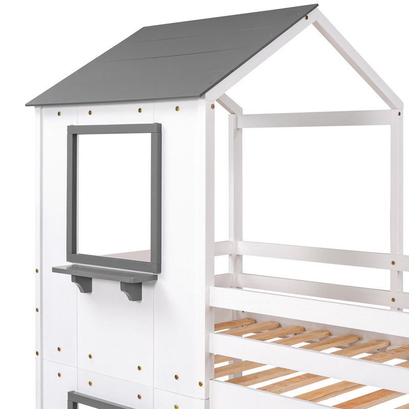 Lit superposé simple blanc avec aire de jeu - dessus en bois et base sécuritaire, Blanc