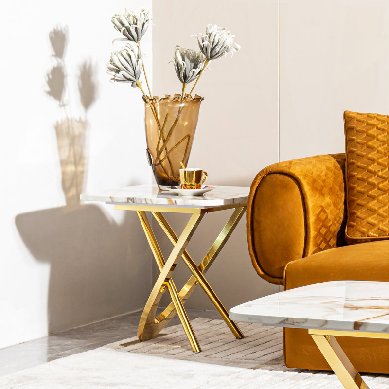Marble Pattern Top Side End Table Square Shape Gold Stainless Steel Base