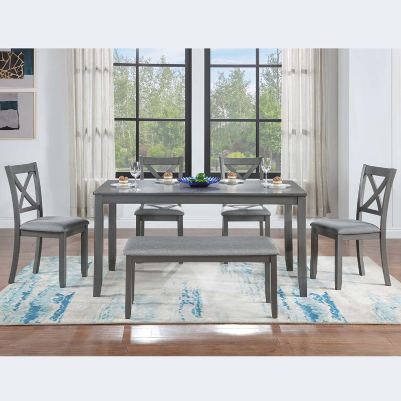 6 Piece Kitchen Dining Set, Rectangular Wooden Dining Table With 4 Upholstered Chairs And A Bench, Gray