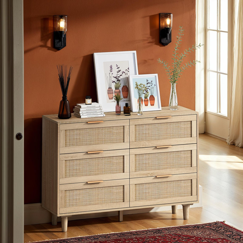 6-Drawers Rattan Storage Cabinet Rattan Drawer, 29.53" H x 43.31" W x 15.75" D, Brown