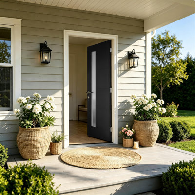 36"x80" Fiberglass Front Door with 8"x64" Frosted Glass, Modern Exterior Door with White 4-9/16" PVC Frame, Left Hand Inswing Entry Door with Smooth Skin for Home Entrance, Black