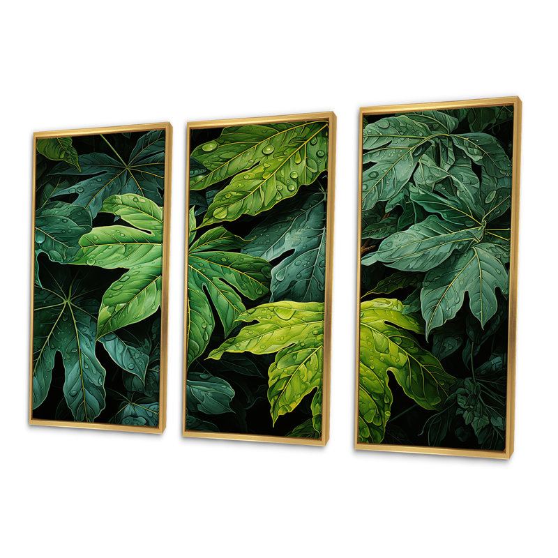 Toile émeraude, forêt tropicale, feuilles I - ensemble d'art mural sur toile, Cadre flottant doré, H 40 po x l 60 po x P 1 po