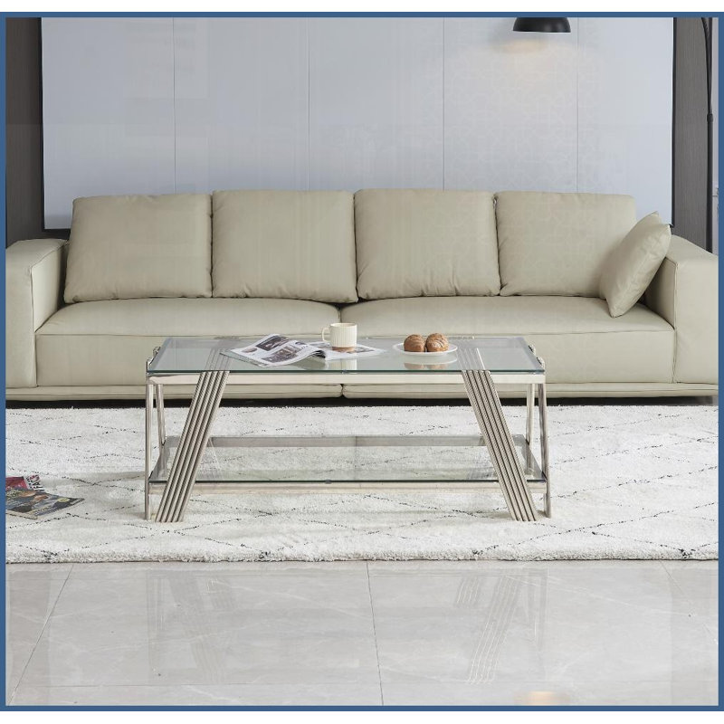 Table basse moderne en acier inoxydable de 47 po de largeur avec verre trempé double couche - facile à nettoyer et amp; Gain de place pour le salon