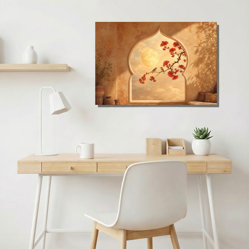 Tableau sur toile représentant deux oiseaux sur une branche de ginkgo rouge dans une fenêtre cintrée, H 28 po x l 40 po