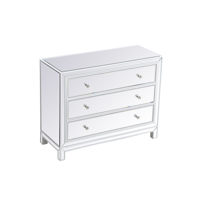 Commode décorative à trois tiroirs en bois massif avec accent de miroir Latasha, Blanc
