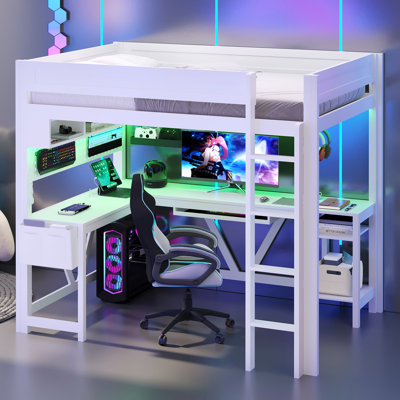 Lit mezzanine double en bois avec bureau, tablettes de rangement, DEL et station de charge, blanc