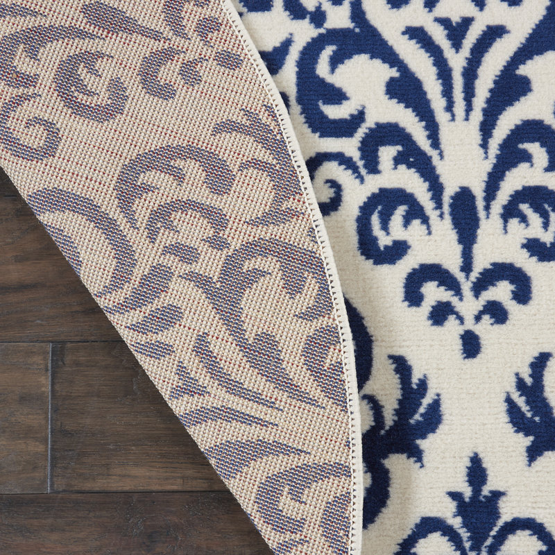 Tapis blanc et bleu marine avec motif floral damassé, Rond 5 pi 3 po
