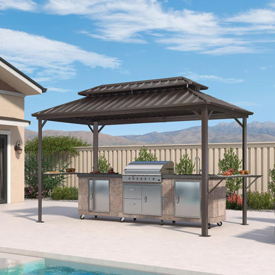 Pavillon de jardin en métal avec 2 tablettes latérales pour barbecue