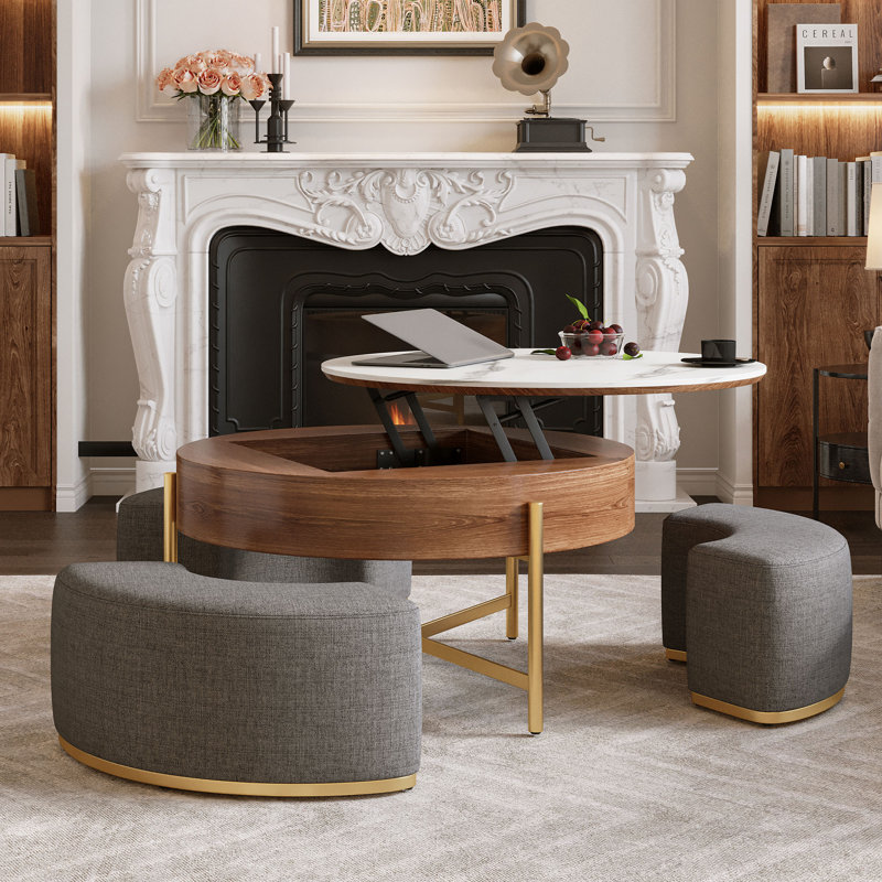 Table basse moderne à plateau relevable avec rangement caché, placage en noyer et plateau en pierre frittée, 3 repose-pieds gigognes rembourrés, conception peu encombrante, entièrement assemblée
