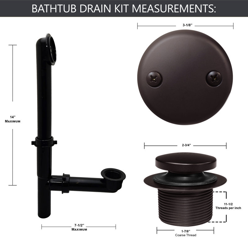 Ensemble de drain de baignoire 14 po en polypropylène noir avec trop-plein à 2 trous, Bronze huilé