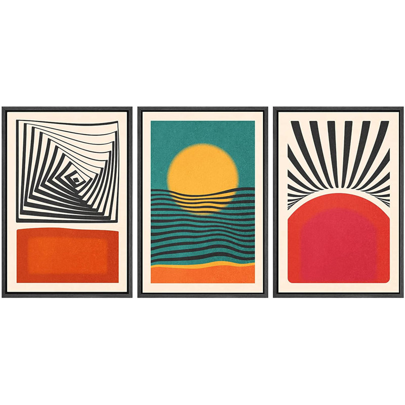 IDEA4WALL Framed Canvas Print Wall Art Set Mid-Century Rising Sun & Colour Blocks Abstract Geometric Illustrations Graffiti & Street Art Modern Art For Living Room, Bedroom, Office - 3 Piece Floater Frame Print Set on Canvas