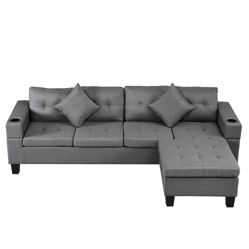 Canapé modulaire en faux lin gris avec méridienne et porte-gobelet pour 4 salons, Tissu gris