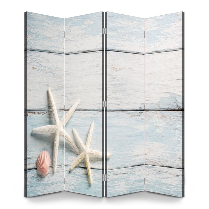 4 panneaux de paravents pliables, paravent, blanc royal, étoile de mer, coquillage rose, planches de bois bleu, toile, séparateur de pièce, cloison de protection autoportante, cloison d'intimité