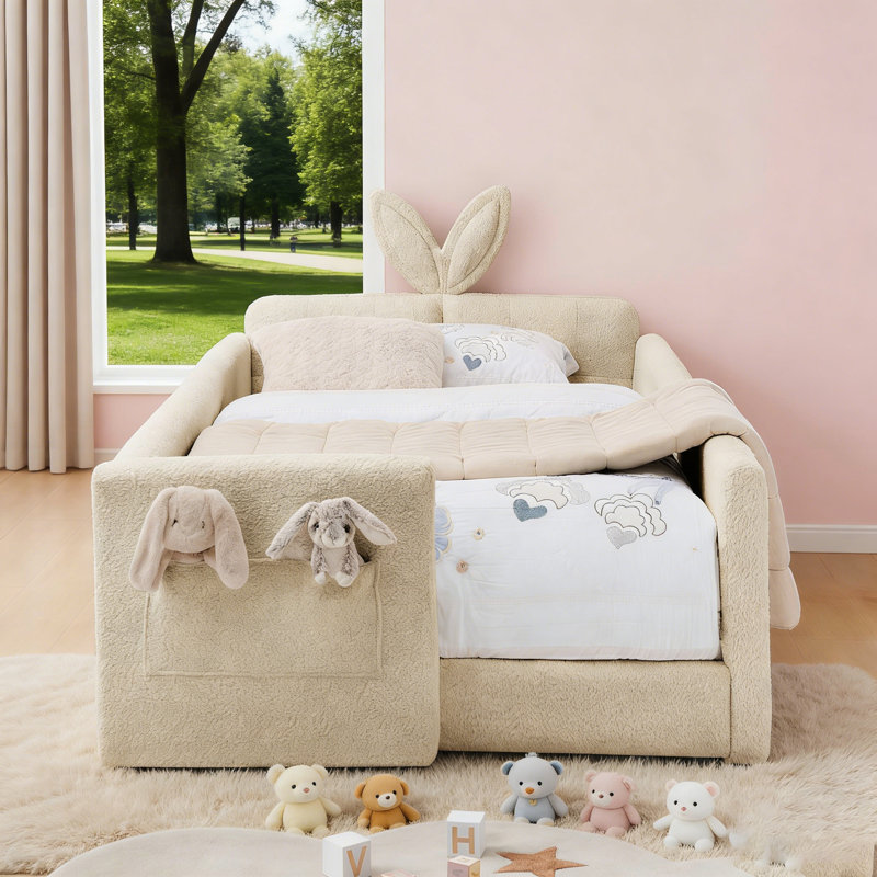 Lit plateforme tapissier avec tête de lit en forme d'oreille de lapin mignon, barrière de sécurité et poche, tissu bouclé