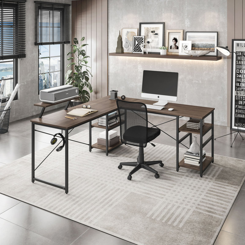 Bureau en L avec tablettes de rangement