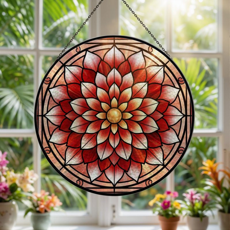 Vitrail de fenêtre en verre coloré 7,8 po H Mandala, H 7,8 po x l 7,8 po