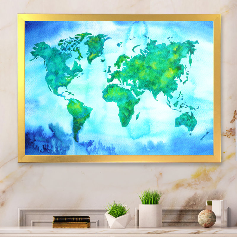 «World Map Blue Green Tone III», reproduction sur toile flottante, H 12 po x l 20 po x P 1 po, Cadre doré à coins fermés