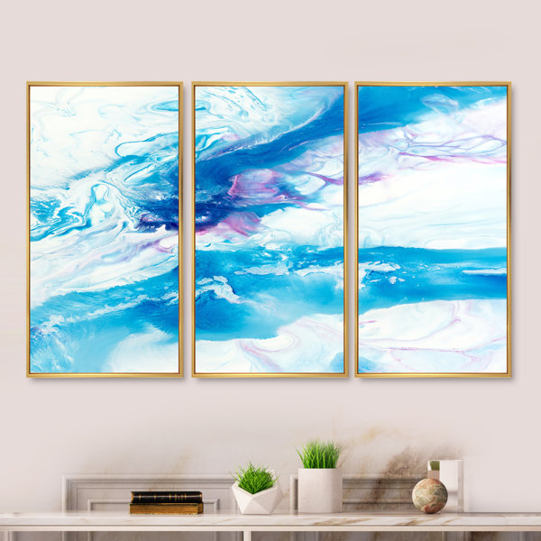 Wrought Studio Blue Wave Liquid Art On White II Framed On Canvas 3 ...