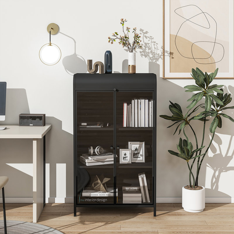 Metal Storage Cabinet with Glass Doors & Flip-Top, 4-Tier Display Cabinet with Open Shelves, Freestanding Steel Sideboard Buffet for Kitchen, Living Room, Home Office, Dining Room, Bathroom