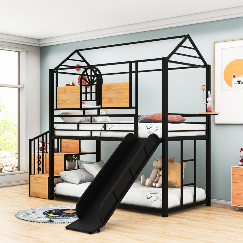 Padmukh Twin Over Twin Metal Bunk Bed With Slide And Shelves, Black