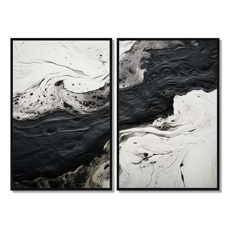 Black And White Paint River I - Black Art Prints On Canvas, 36" H x 48" W, Impression encadrée flottante, Black