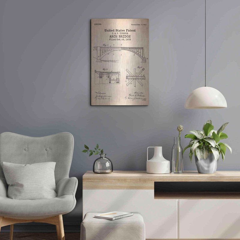 «Arch Bridge Blueprint Brevet Parchment», art mural en métal, H 24 po x l 16 po