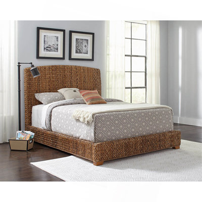 Grand lit de feuille de bananier tissé à la main, ambre brun rustique, bois massif, décor de chambre à coucher contemporain, lit à feuilles de ton ambre, finition, confort