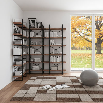 Zelmar 85" Industrial L-shaped Corner Bookcase With Veneered Mdf Shelves & Metal Frame by 17 Stories